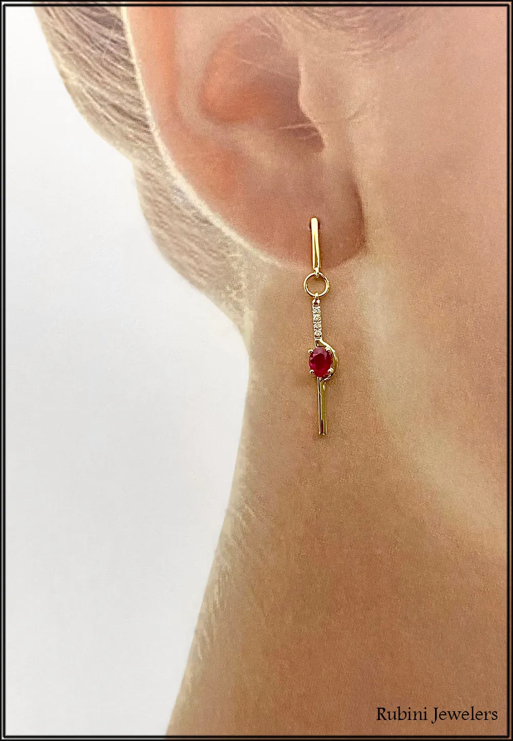 14Kt Gold Delicate Dangle Ruby and Diamond Earrings