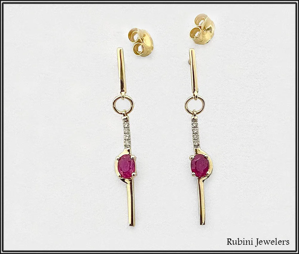 14Kt Gold Delicate Dangle Ruby and Diamond Earrings