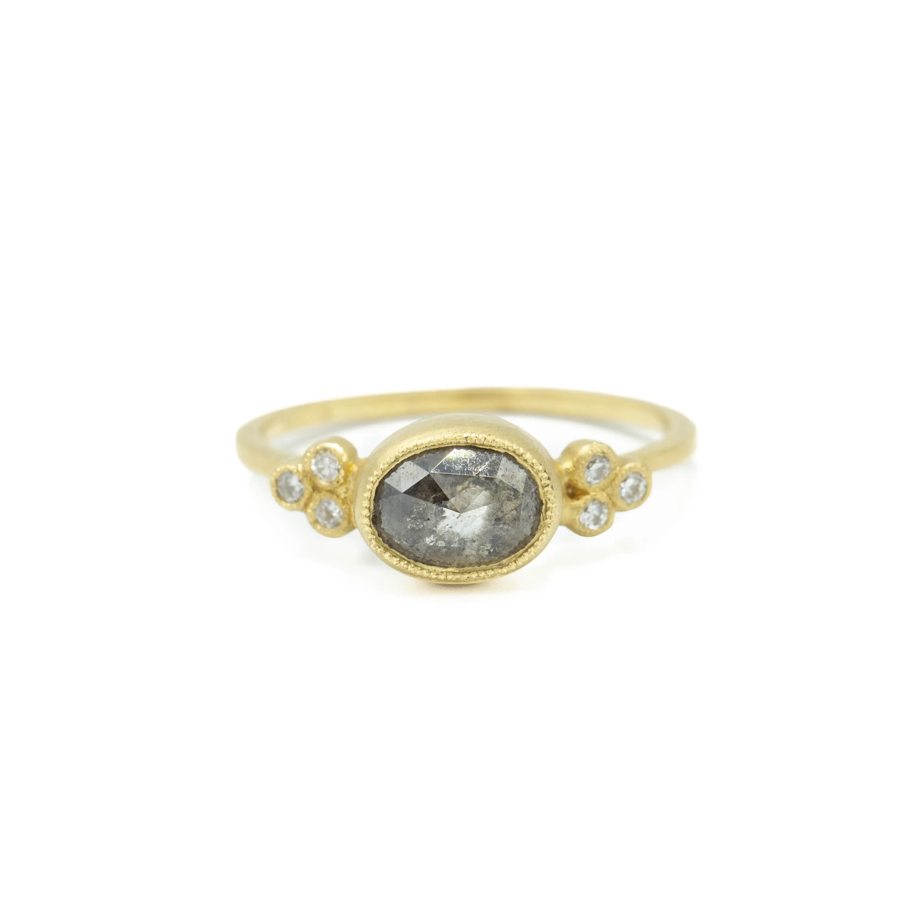 18ky .88ct Oval Bezel Salt & Pepper with Round Bezel Accents Diamond Ring by Jennifer Dawes