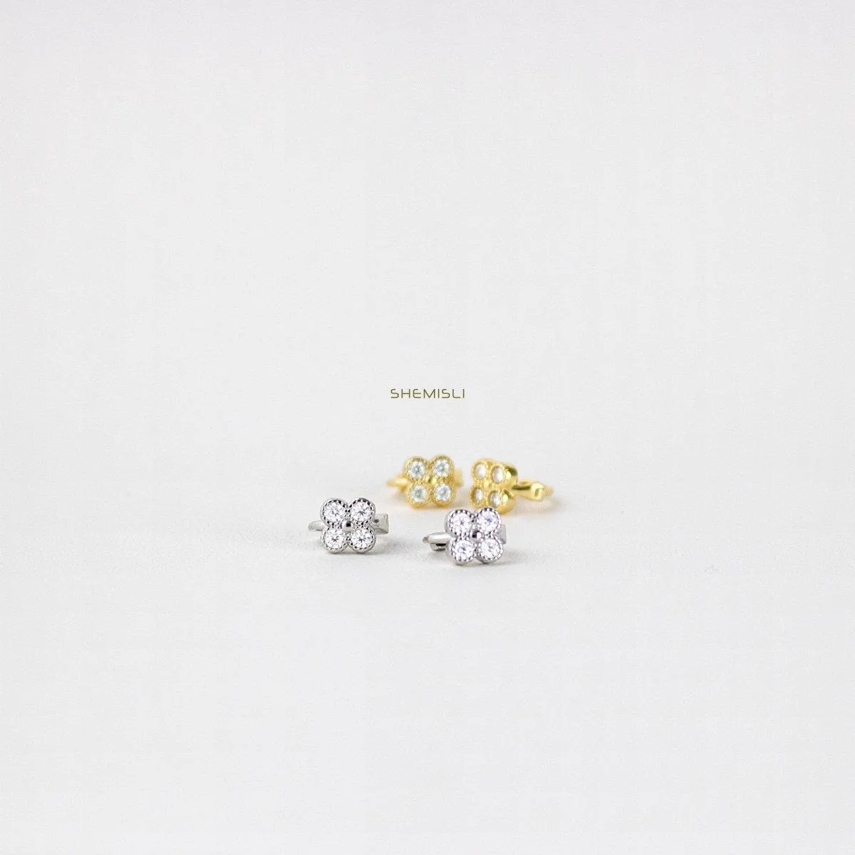 4 Leaf Clover CZ Helix Hoops, Gold, Silver SHEMISLI SH102