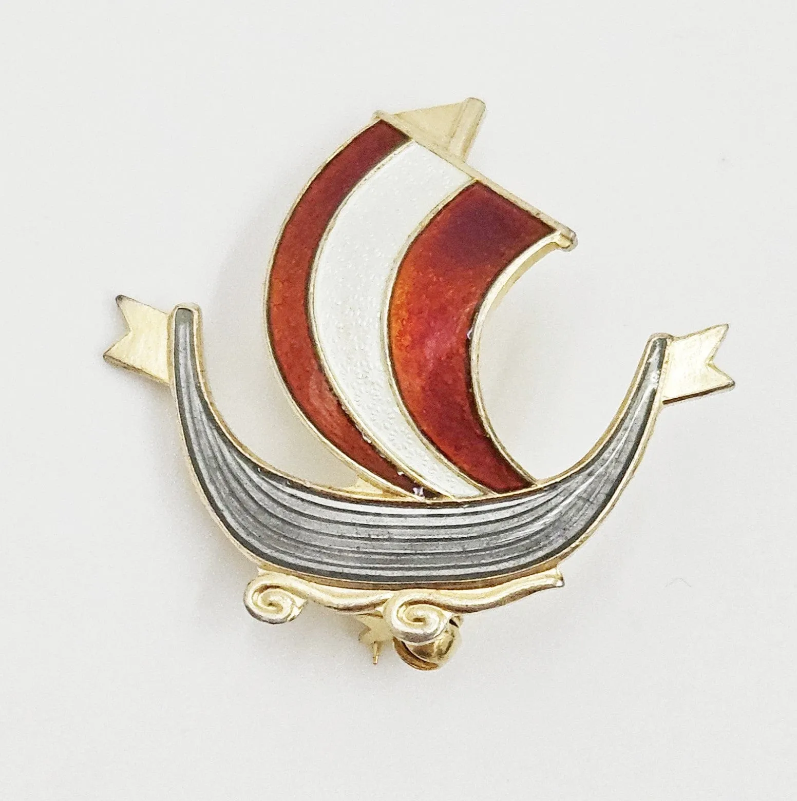 Aksel Holmsen Norway Sterling Enamel VIKING Longboat Lapel Pin C. 1950's