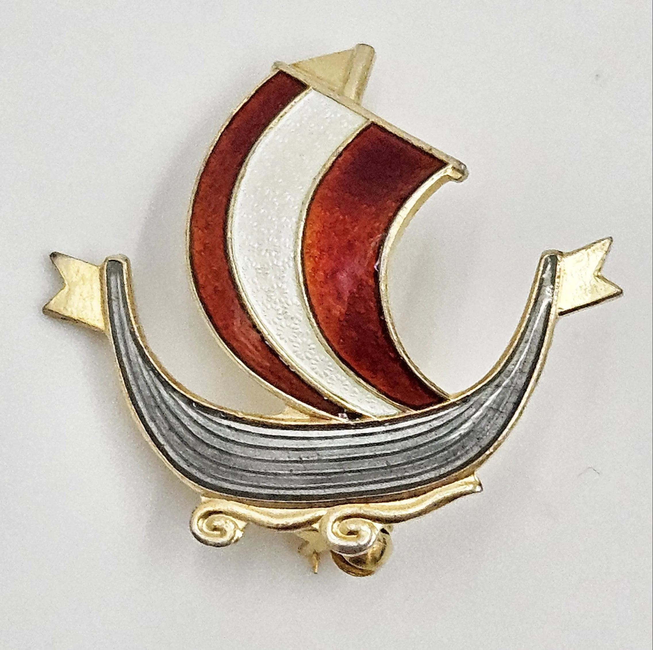 Aksel Holmsen Norway Sterling Enamel VIKING Longboat Lapel Pin C. 1950's