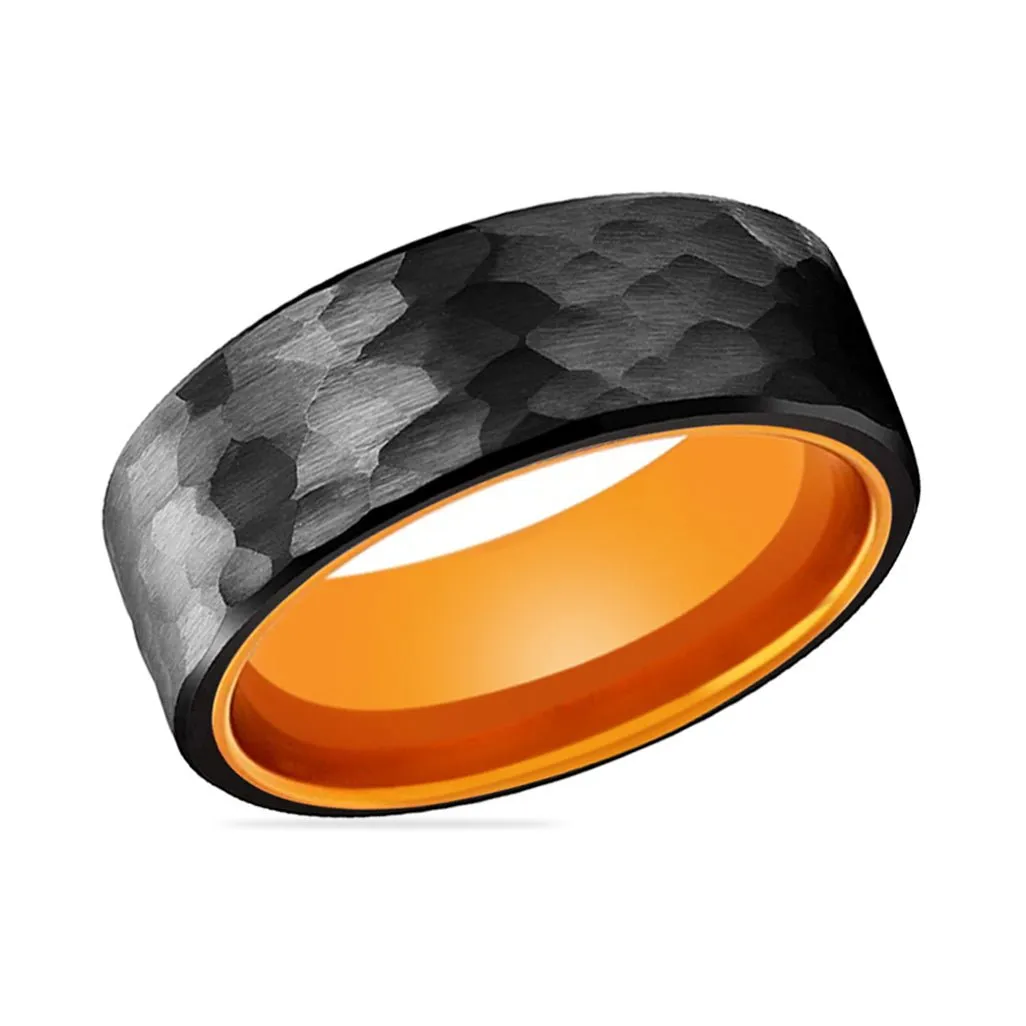 APRICOT | Orange Ring, Black Tungsten Ring, Hammered, Flat