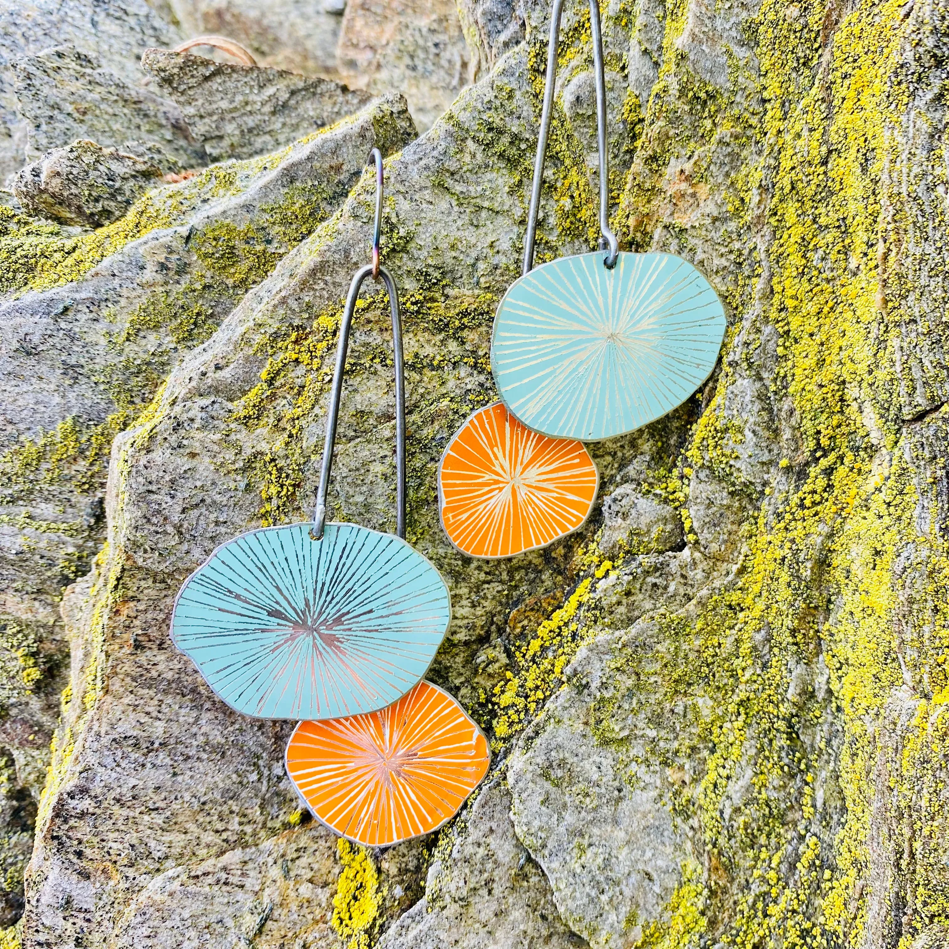 Aqua & Persimmon Cosmos Upcycled Tin Earrings