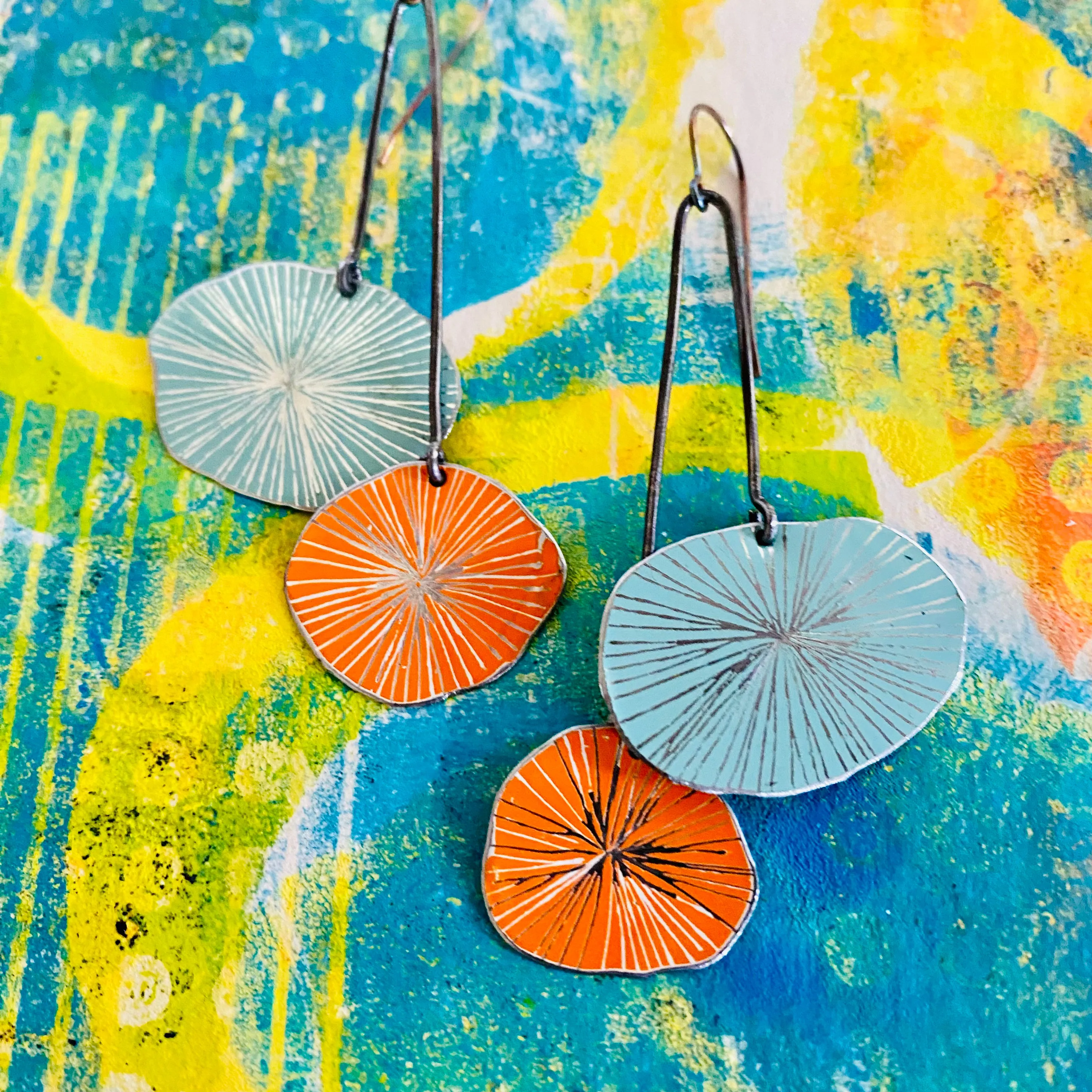 Aqua & Persimmon Cosmos Upcycled Tin Earrings