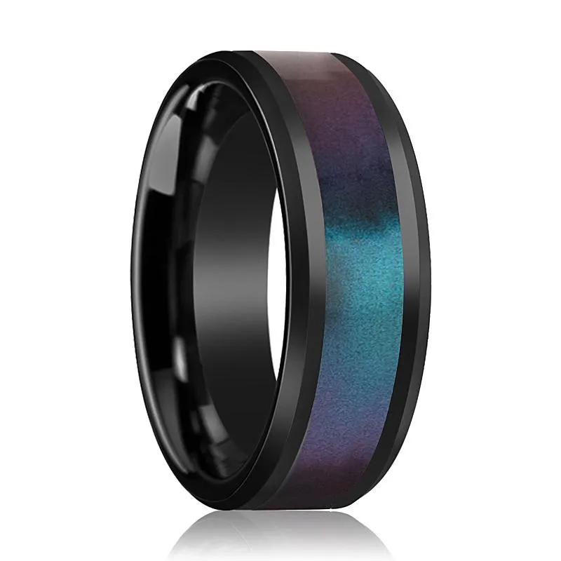 BARRACUDA | Black Ceramic Ring, Blue & Purple Color Changing Inlay, Beveled