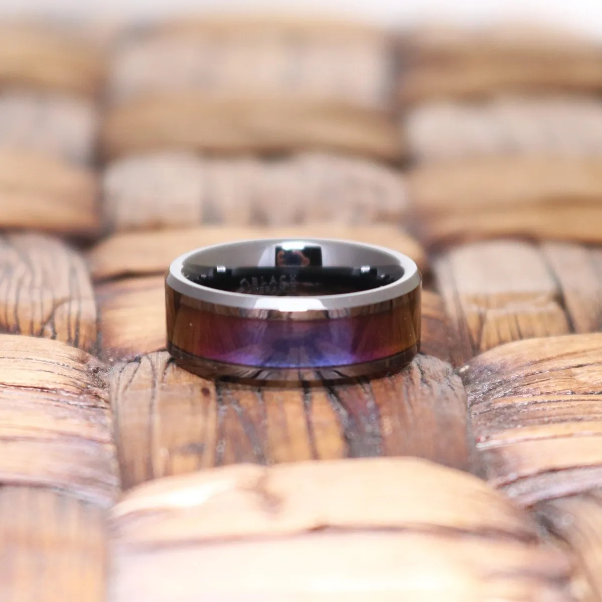 BARRACUDA | Black Ceramic Ring, Blue & Purple Color Changing Inlay, Beveled