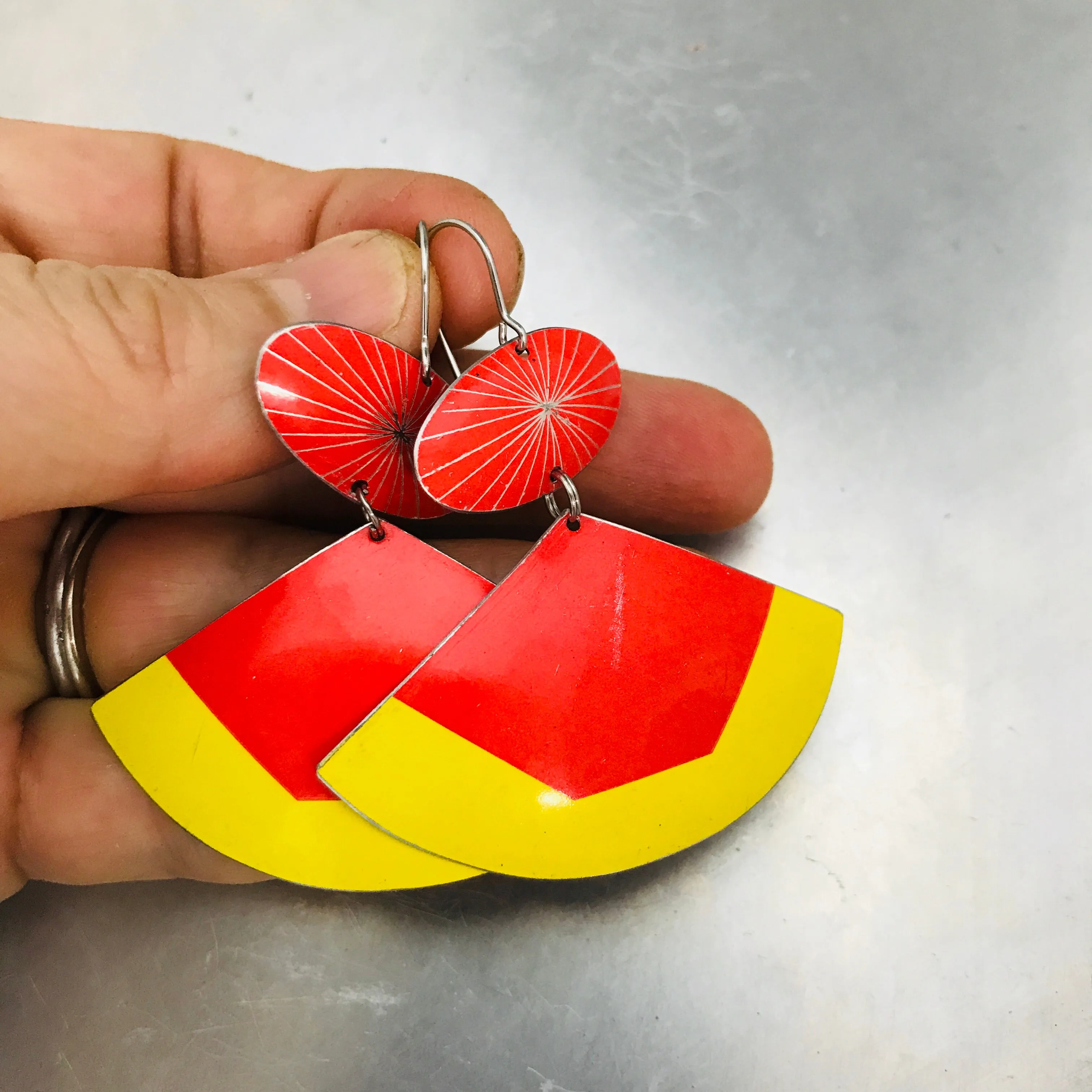 Bright Saffron & Scarlet Upcycled Tin Fan Earrings