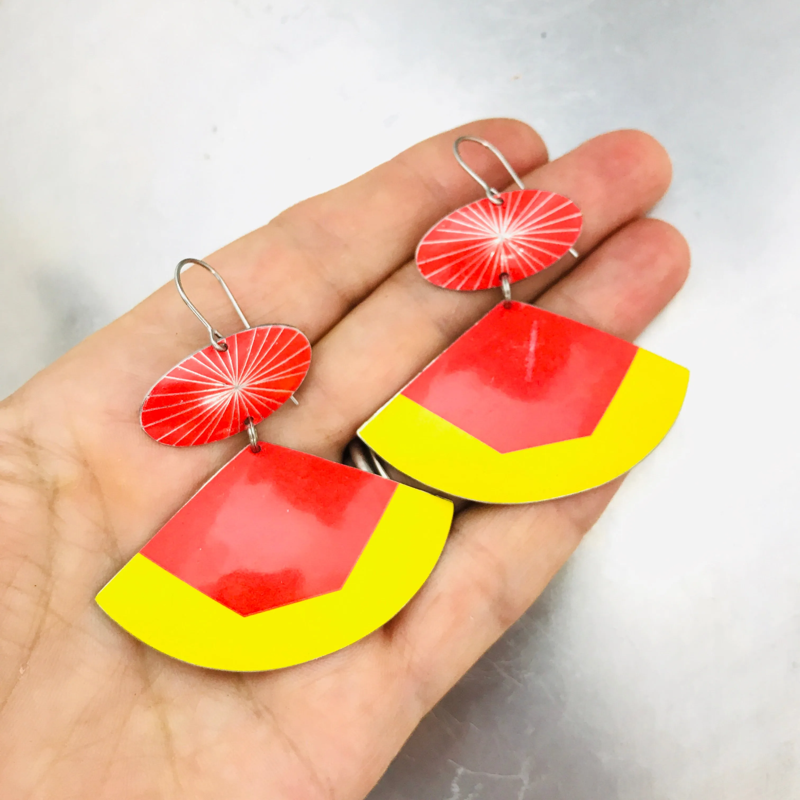 Bright Saffron & Scarlet Upcycled Tin Fan Earrings