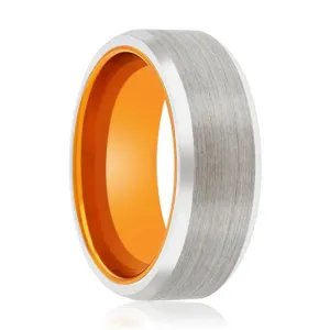 CARMELLO | Orange Ring, Silver Tungsten Ring, Brushed, Beveled