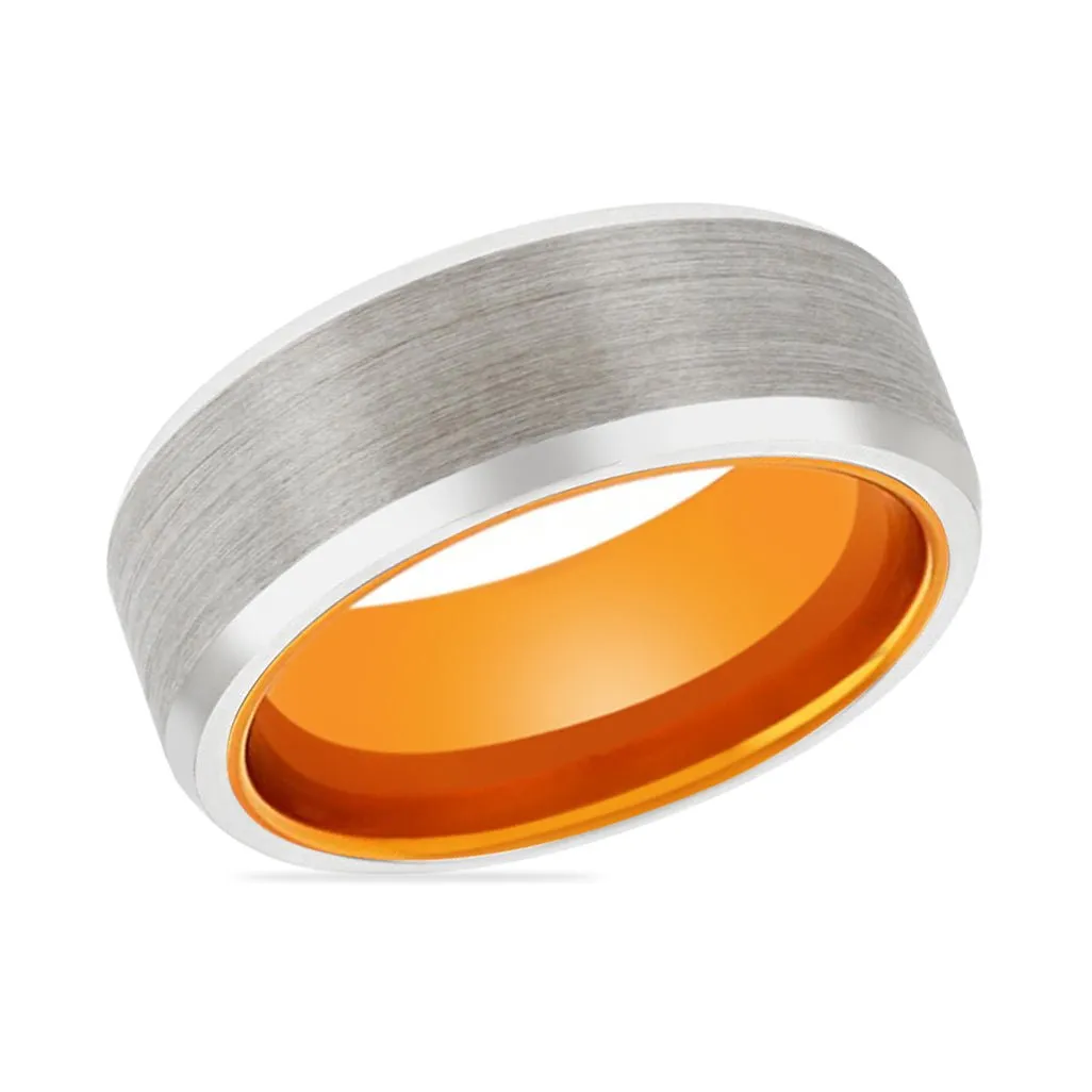 CARMELLO | Orange Ring, Silver Tungsten Ring, Brushed, Beveled