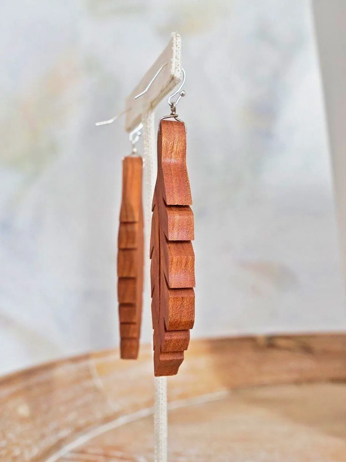 Carved Wood Leaf Earrings