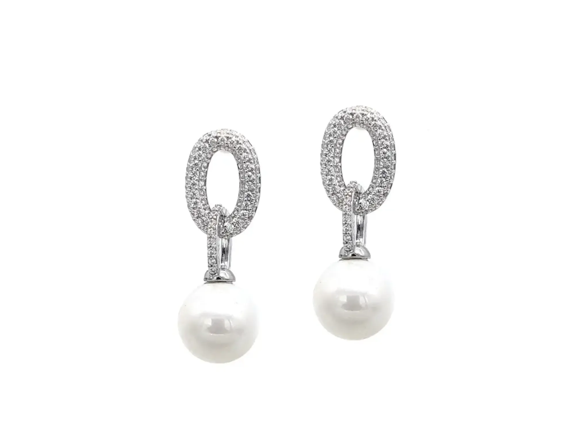 Chloe - Modern Pave Crystal Pearl Bridal Drop Earrings