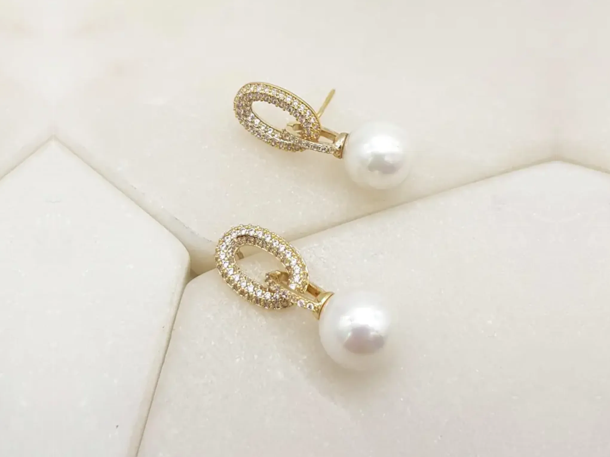 Chloe - Modern Pave Crystal Pearl Bridal Drop Earrings