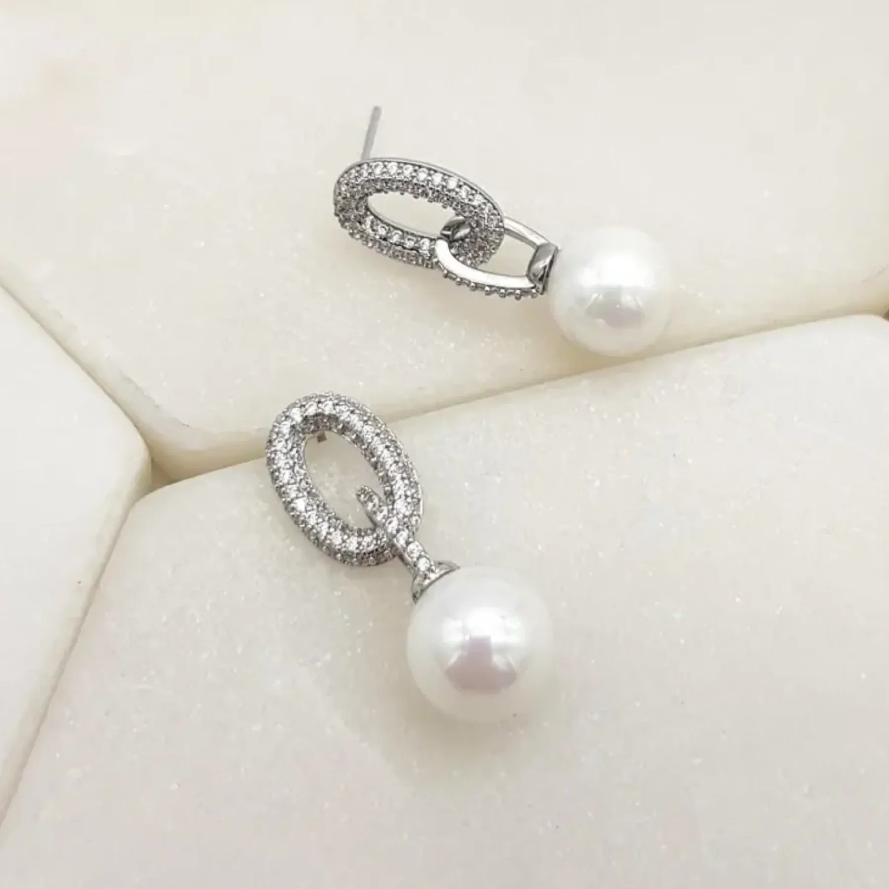 Chloe - Modern Pave Crystal Pearl Bridal Drop Earrings