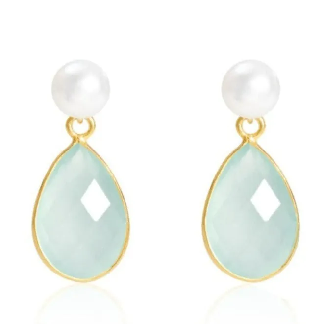 Clara Cultured Freshwater Pearl & Aqua Chalcedony Drop Earrings