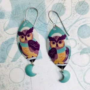 Crescent Moon Owls Upcycled Tin Earrings