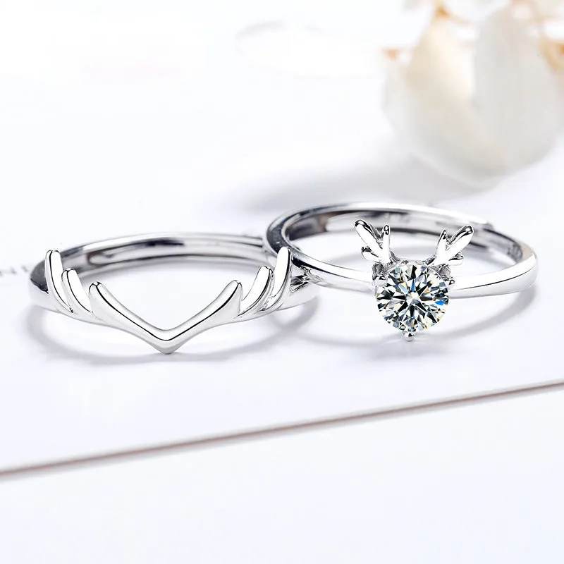 Deer Matching Solitaire Matching Wedding Rings Set