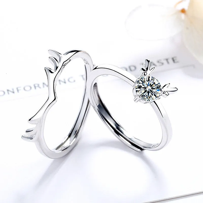 Deer Matching Solitaire Matching Wedding Rings Set