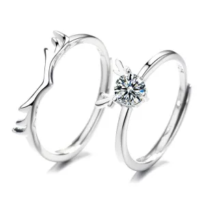 Deer Matching Solitaire Matching Wedding Rings Set