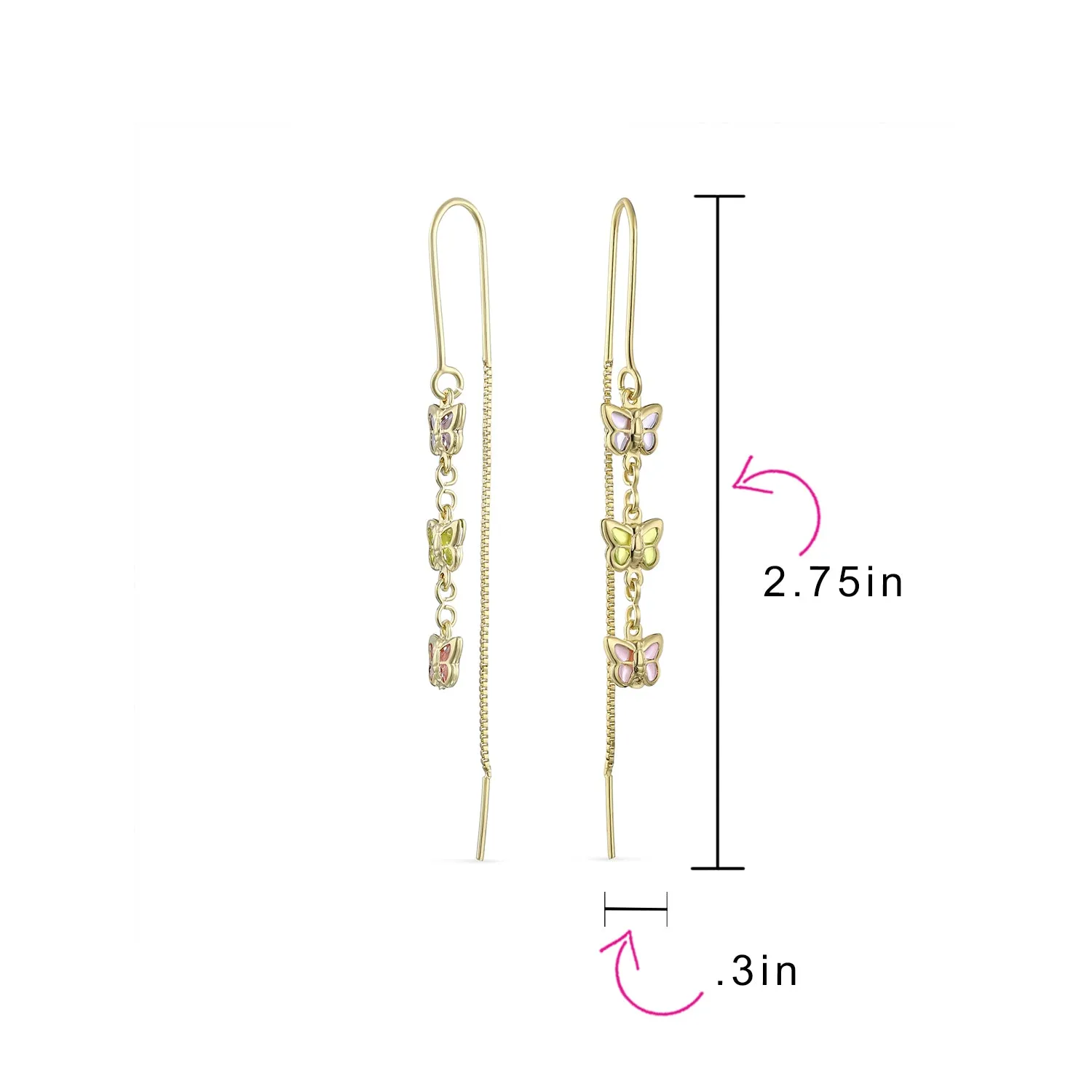 Delicate Pastel Crystal Dangle Earrings with Butterfly Threader 18K Gold Plated