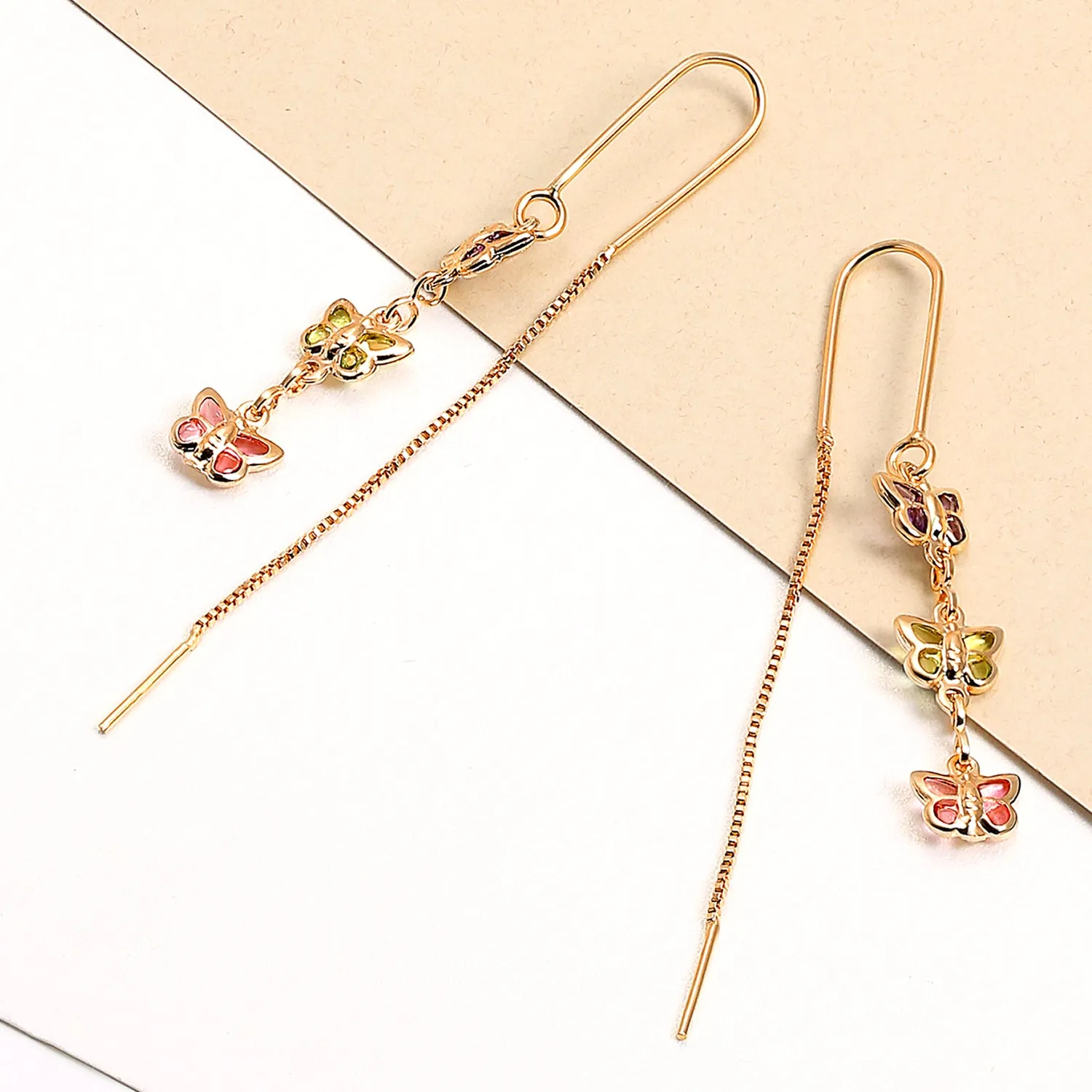 Delicate Pastel Crystal Dangle Earrings with Butterfly Threader 18K Gold Plated