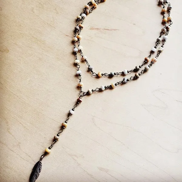 Double Lariat Natural Agate Necklace w/  Feather