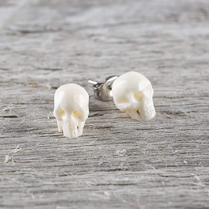 Earth Accessories Sustainably Sourced Organic Bone Skull Earrings for Women or Men - Stud Skeleton Ear Rings - Gothic Skeleton Jewelry