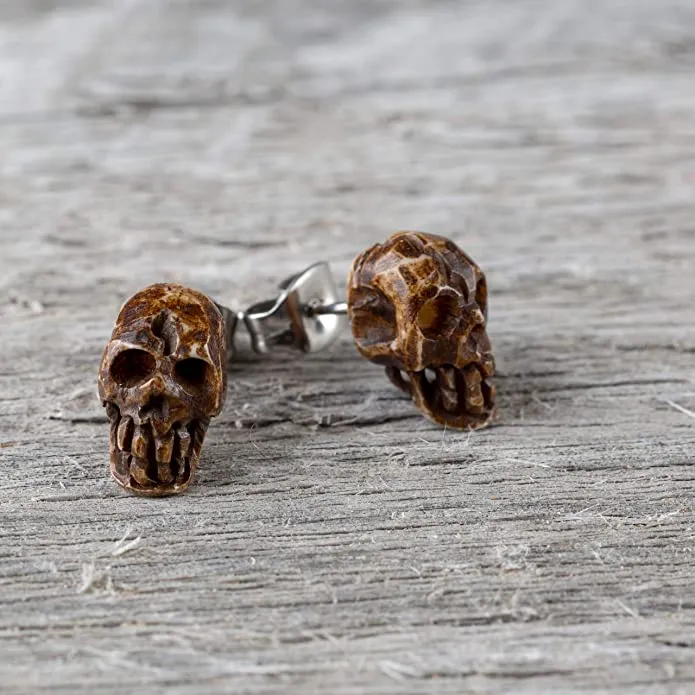 Earth Accessories Sustainably Sourced Organic Bone Skull Earrings for Women or Men - Stud Skeleton Ear Rings - Gothic Skeleton Jewelry