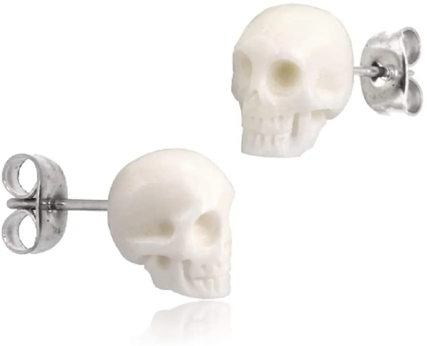 Earth Accessories Sustainably Sourced Organic Bone Skull Earrings for Women or Men - Stud Skeleton Ear Rings - Gothic Skeleton Jewelry