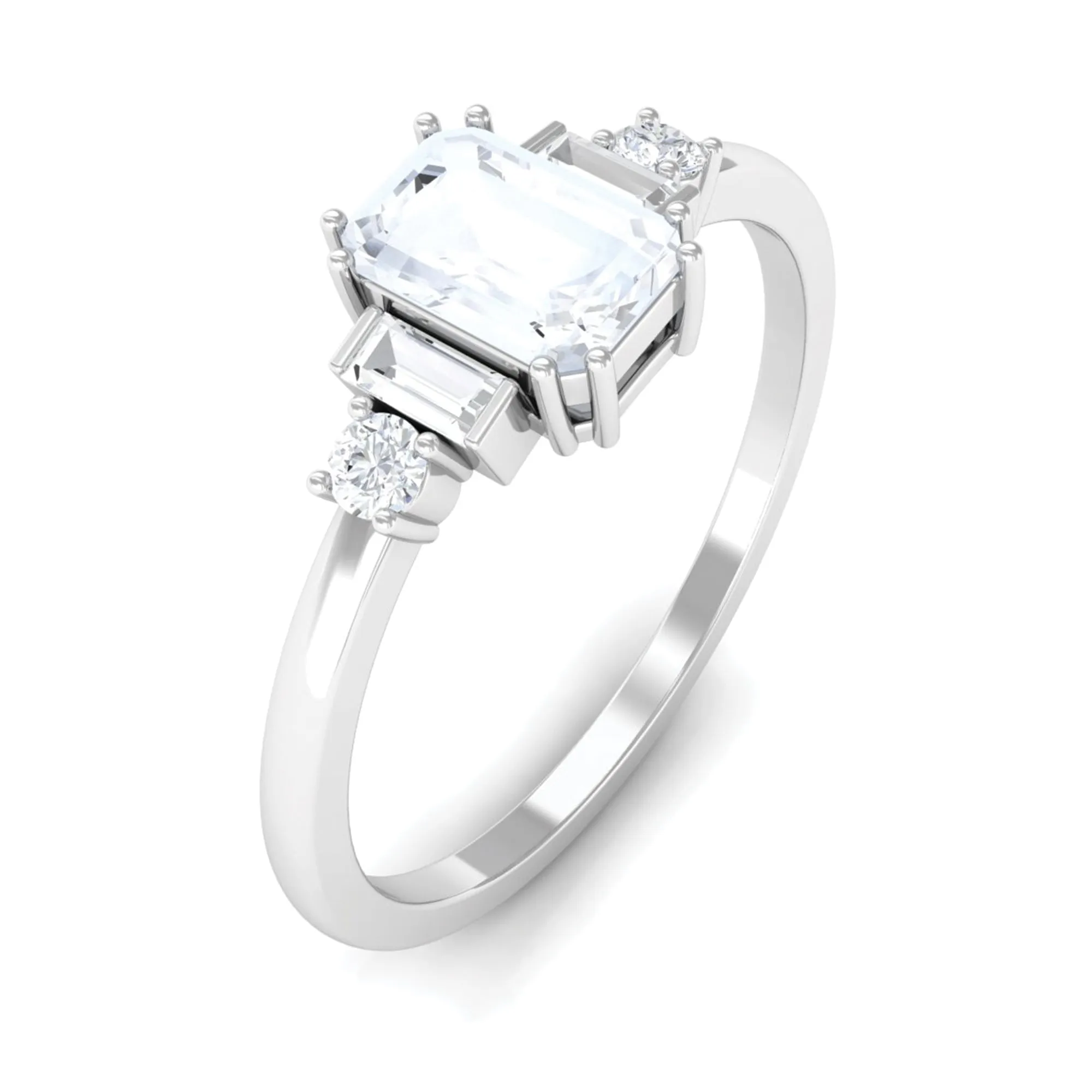 Emerald Cut Moonstone Solitaire Ring with Diamond