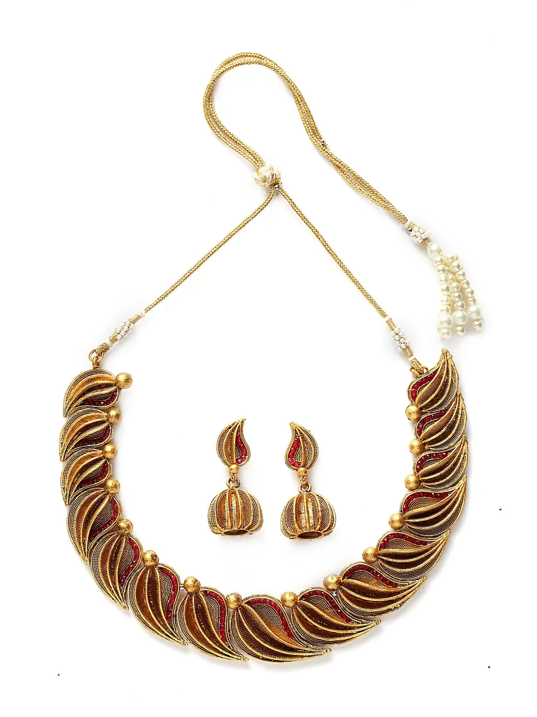 Gold-Plated Red Handcrafted Stone-Studded Sustainable Jewellery Set