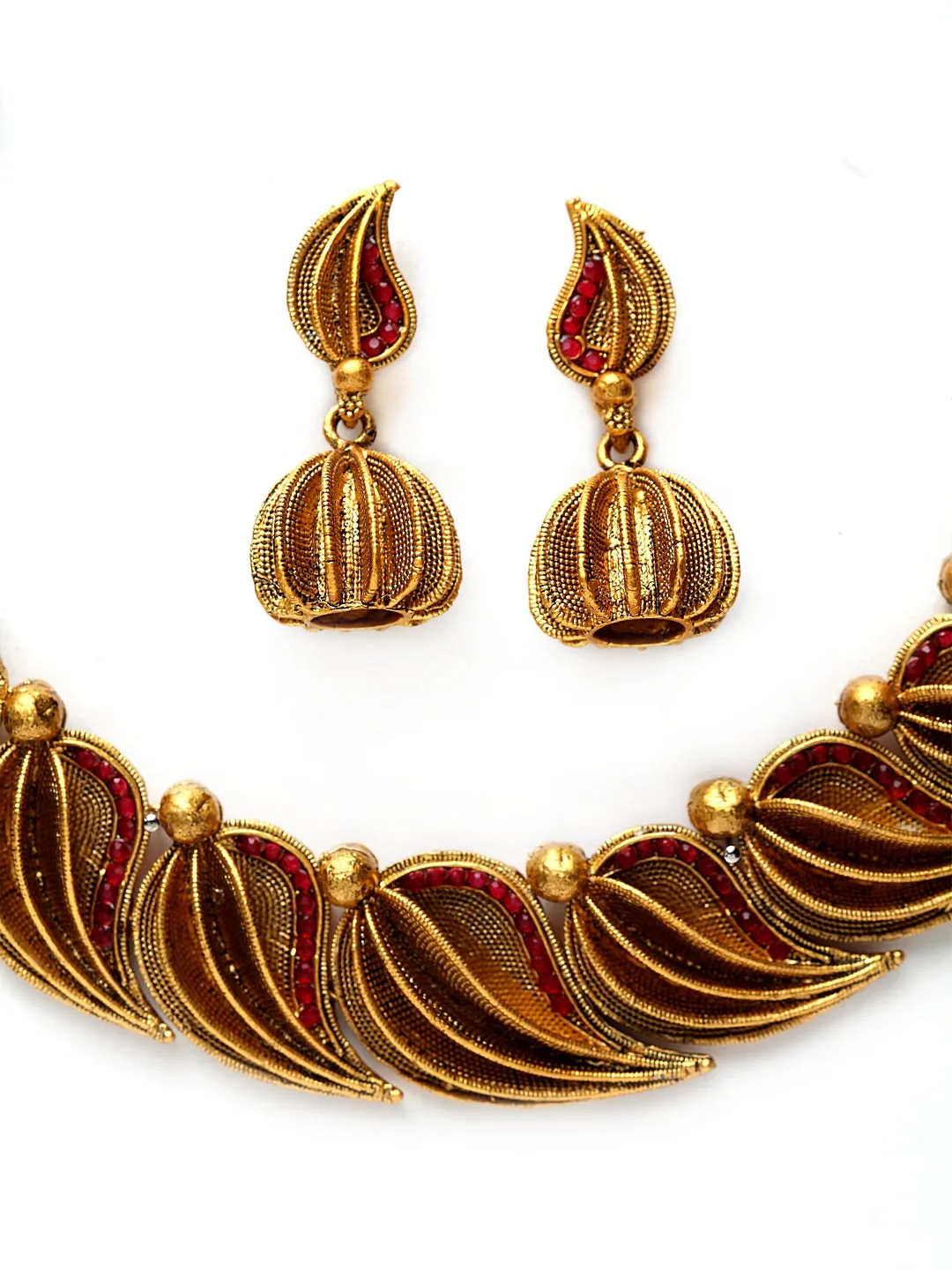 Gold-Plated Red Handcrafted Stone-Studded Sustainable Jewellery Set