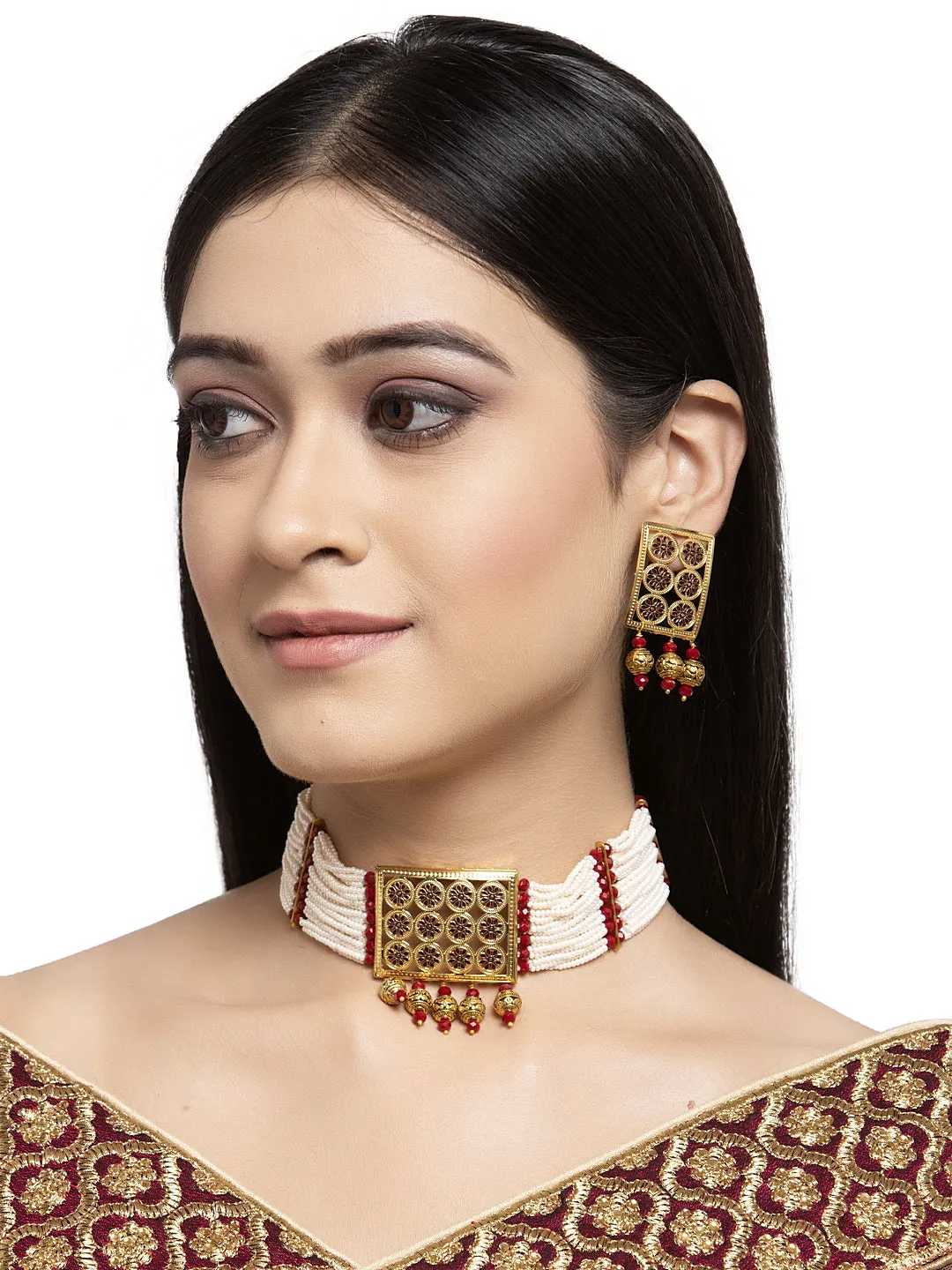 Gold-Plated Red Pearl Beaded Handcrafted Sustainable Jewellery Set