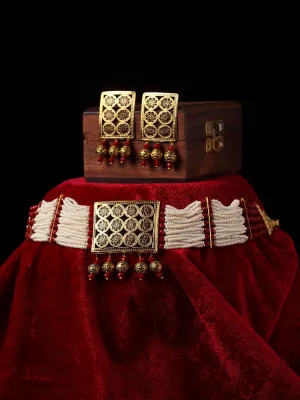 Gold-Plated Red Pearl Beaded Handcrafted Sustainable Jewellery Set