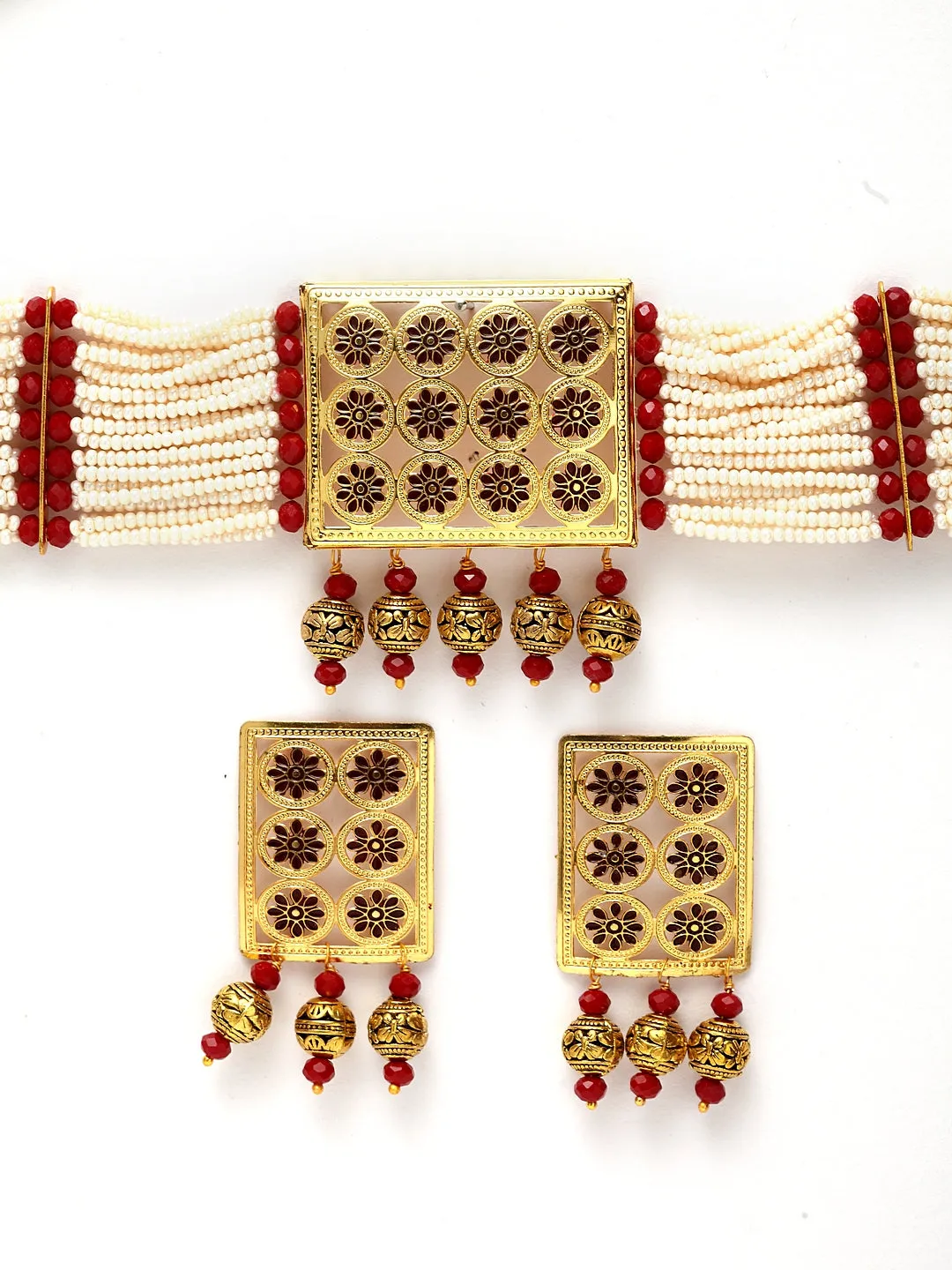 Gold-Plated Red Pearl Beaded Handcrafted Sustainable Jewellery Set