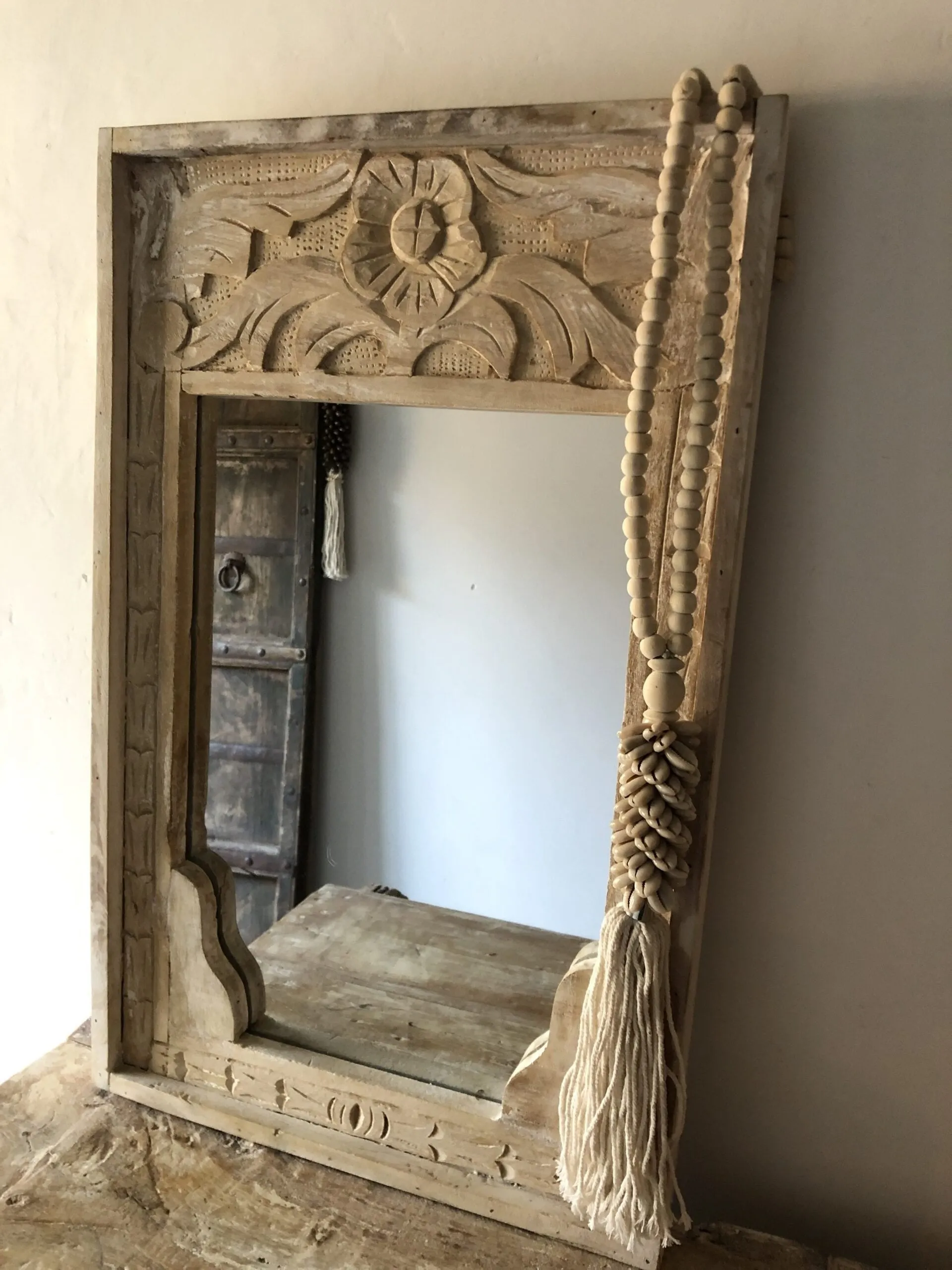 Hand Craved Indian Solid Wood Mehrab Style Mirror Bleched 60cm