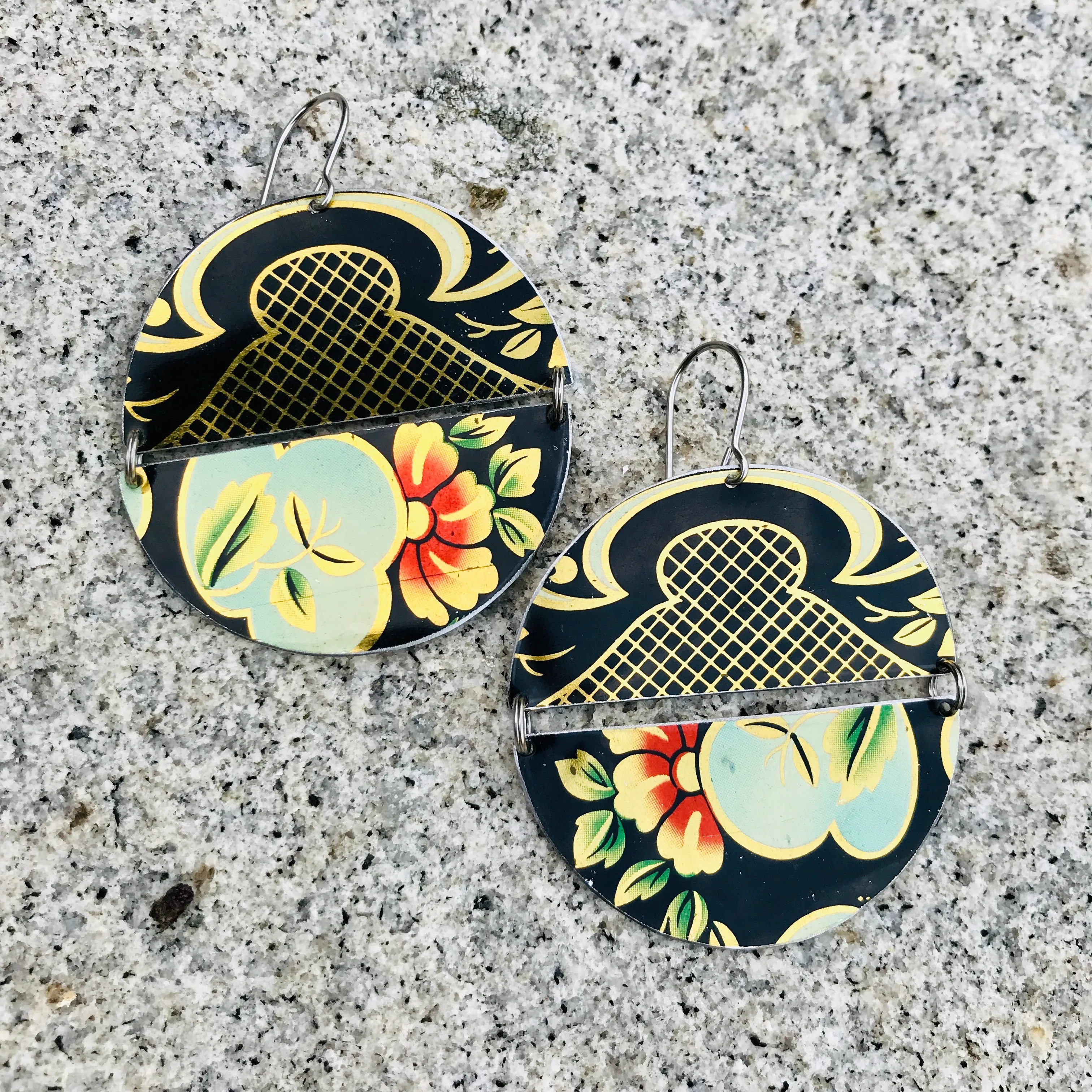 Hibiscus Golds on Black Upcycled Tin Circle Earrings