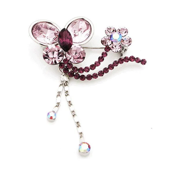 LUX Purple Swarovski Rhinestone Butterflyand Flower Brooch