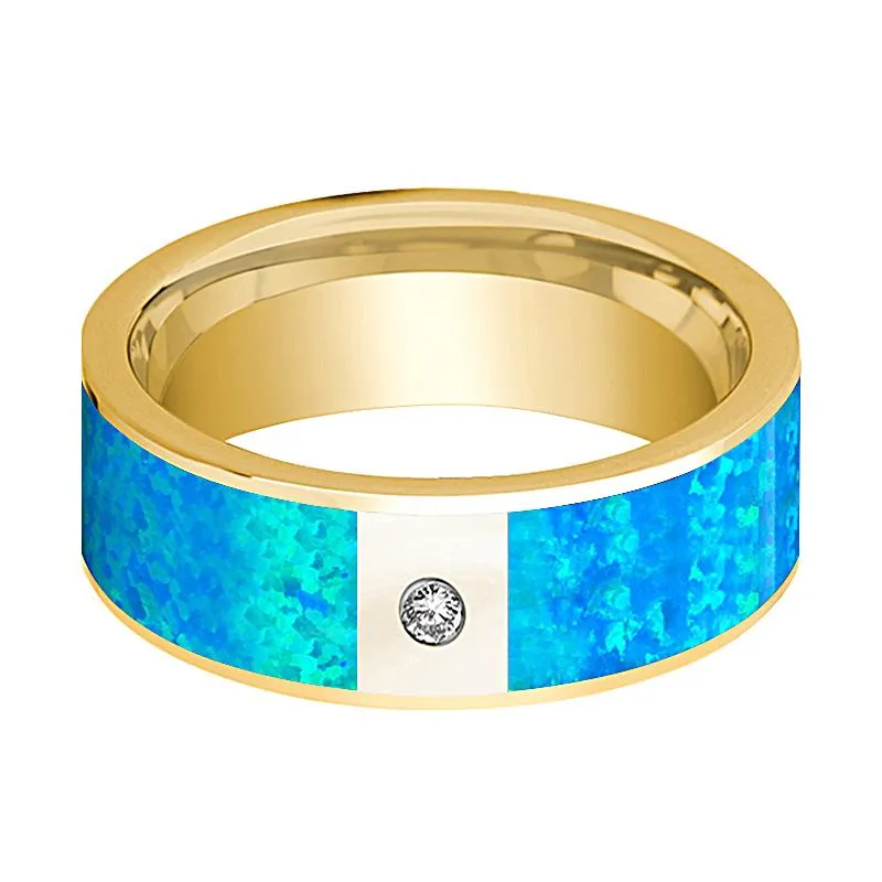 Men's 14k Yellow Gold and Diamond Wedding Ring with Blue Opal Inlay Flat Polished Design - 8MM