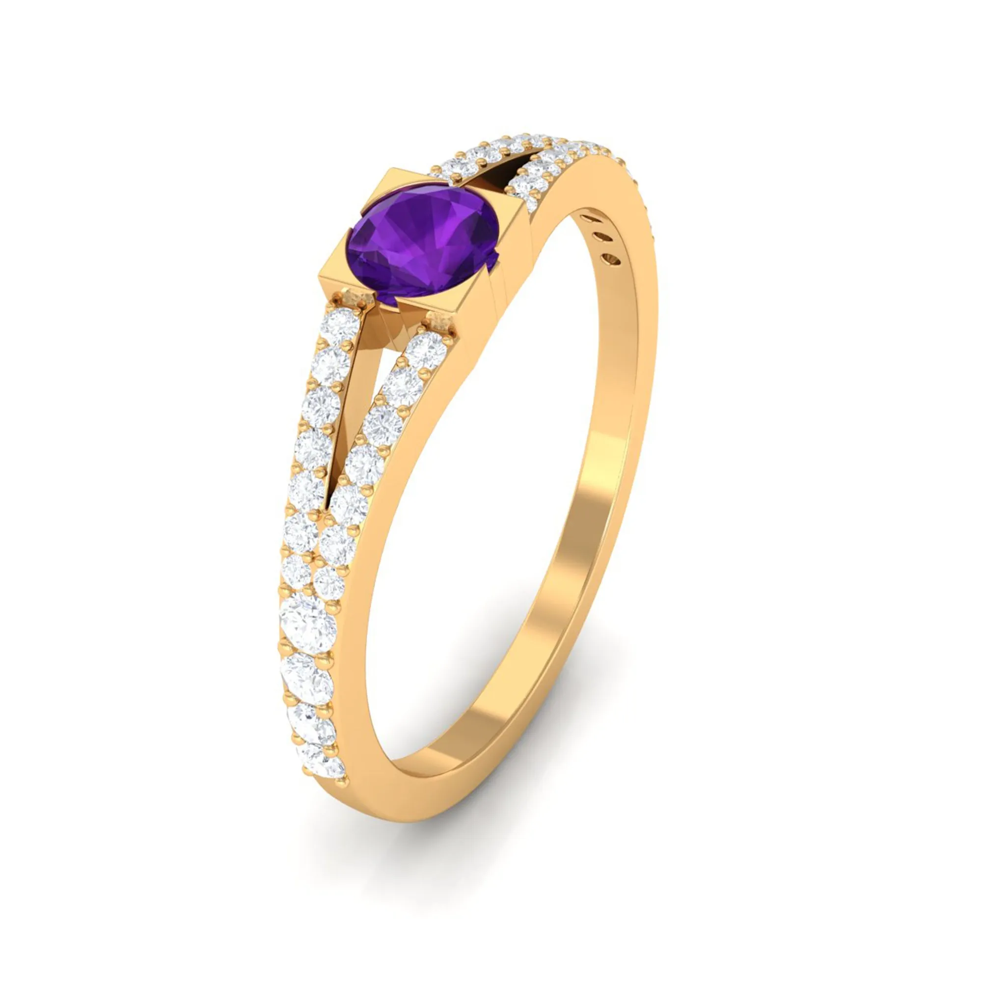 Minimal Amethyst and Diamond Split Shank Promise Ring