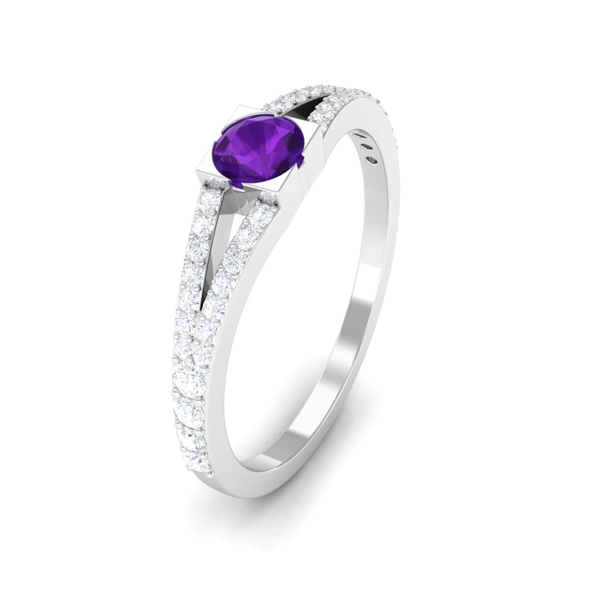 Minimal Amethyst and Diamond Split Shank Promise Ring