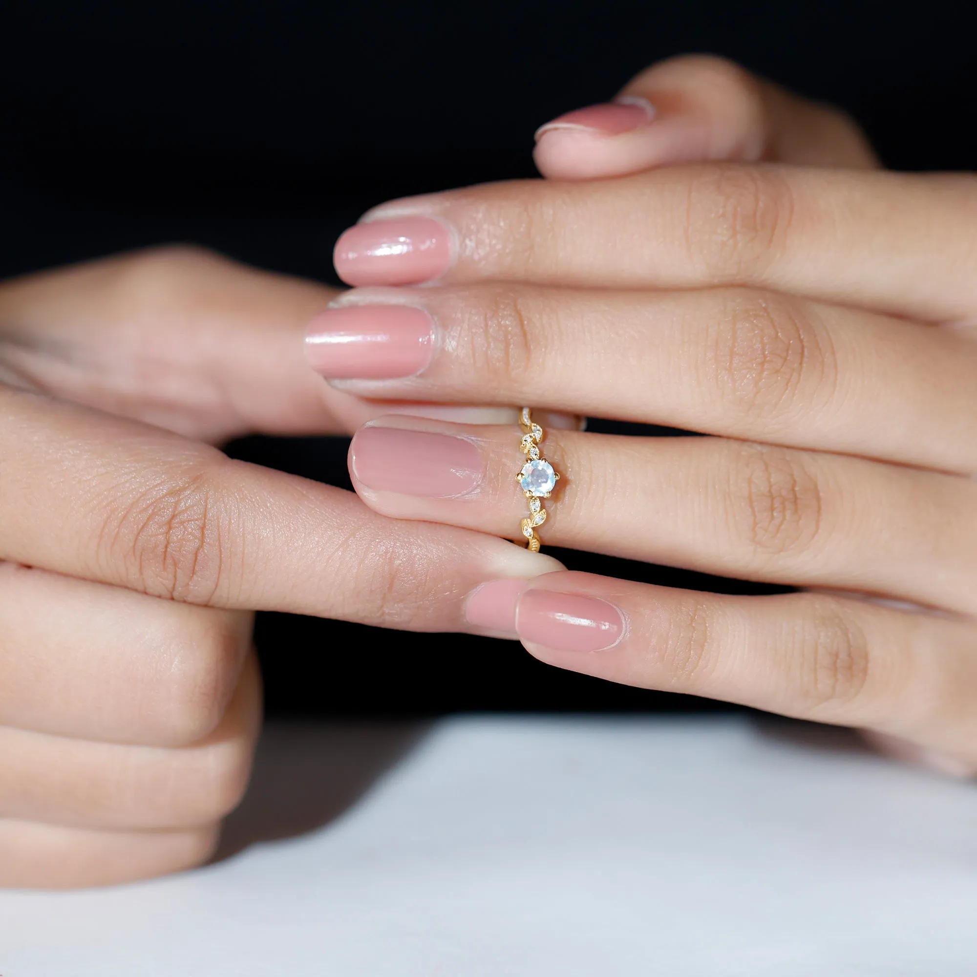 Moonstone and Diamond Minimal Leaf Promise Ring