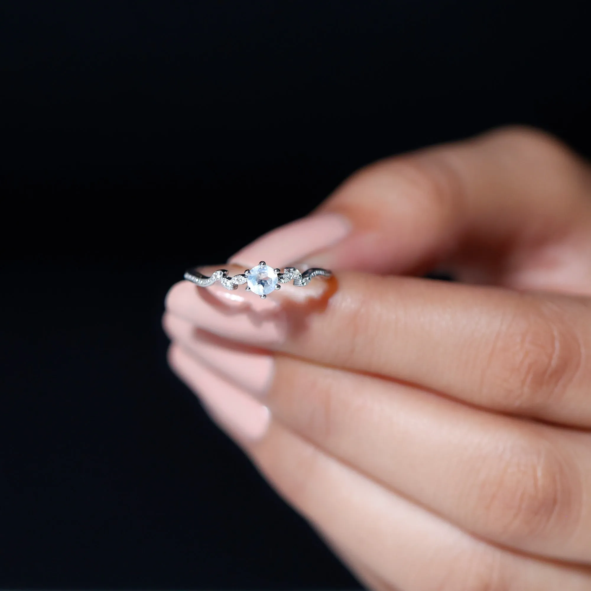 Moonstone and Diamond Minimal Leaf Promise Ring