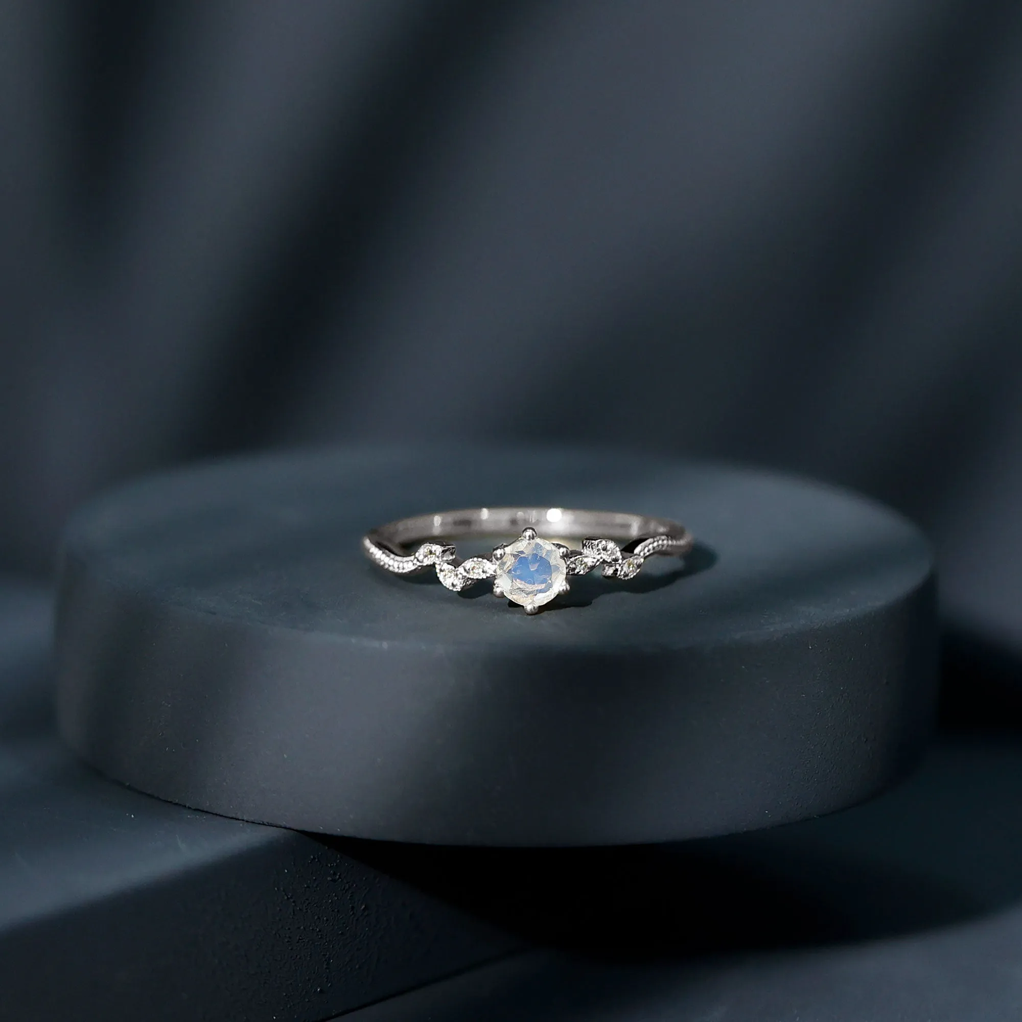 Moonstone and Diamond Minimal Leaf Promise Ring