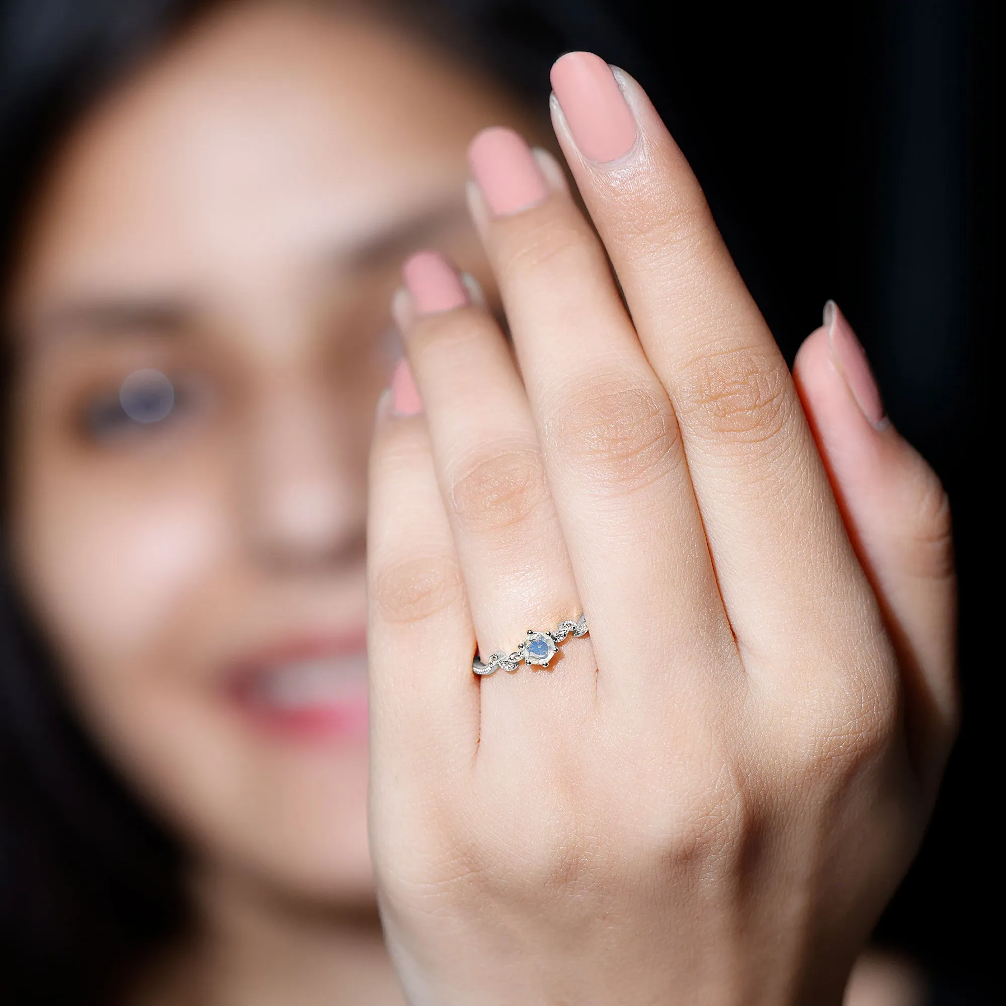 Moonstone and Diamond Minimal Leaf Promise Ring