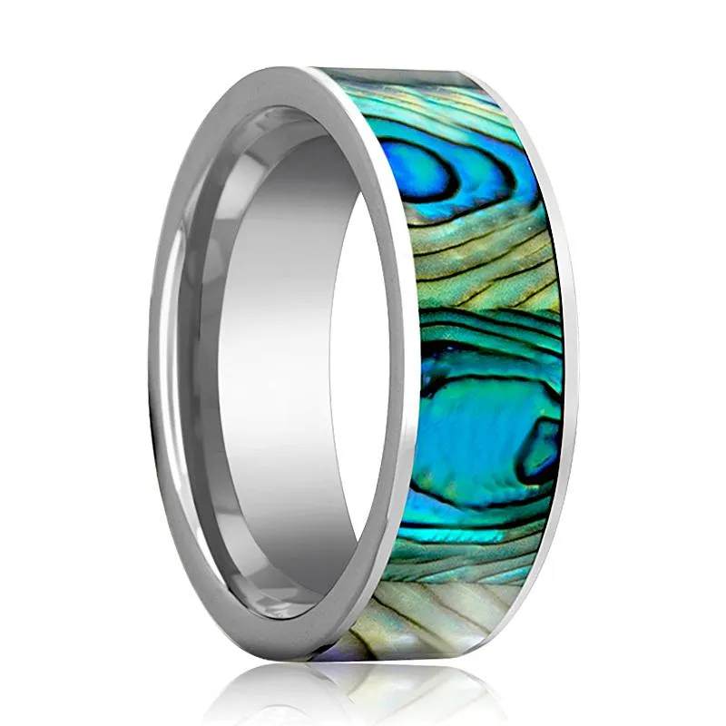 Mother of Pearl Inlaid Men's Flat Tungsten Wedding Band Polished - 8MM