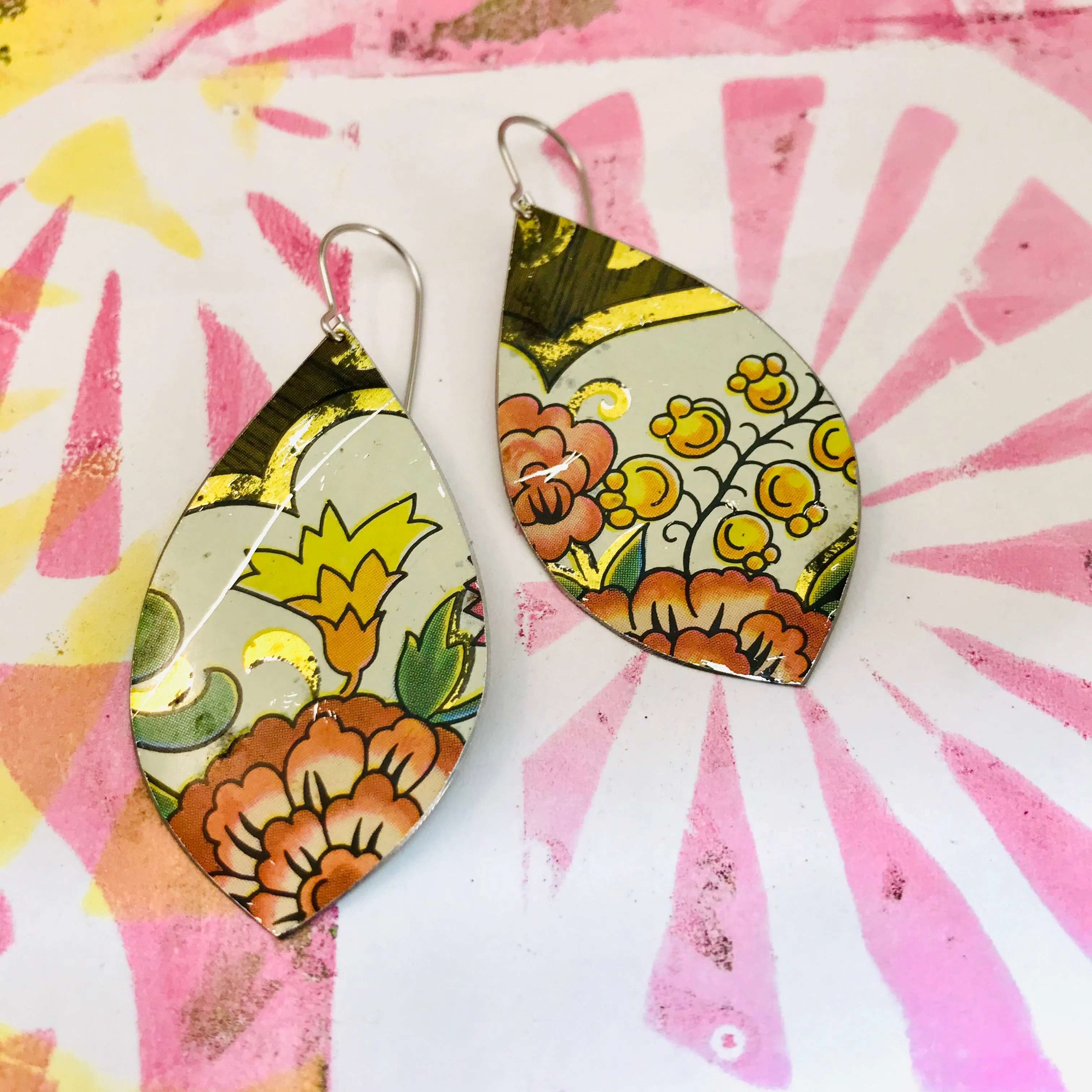 Orange Flowers Upcycled Long Pod Tin Earrings