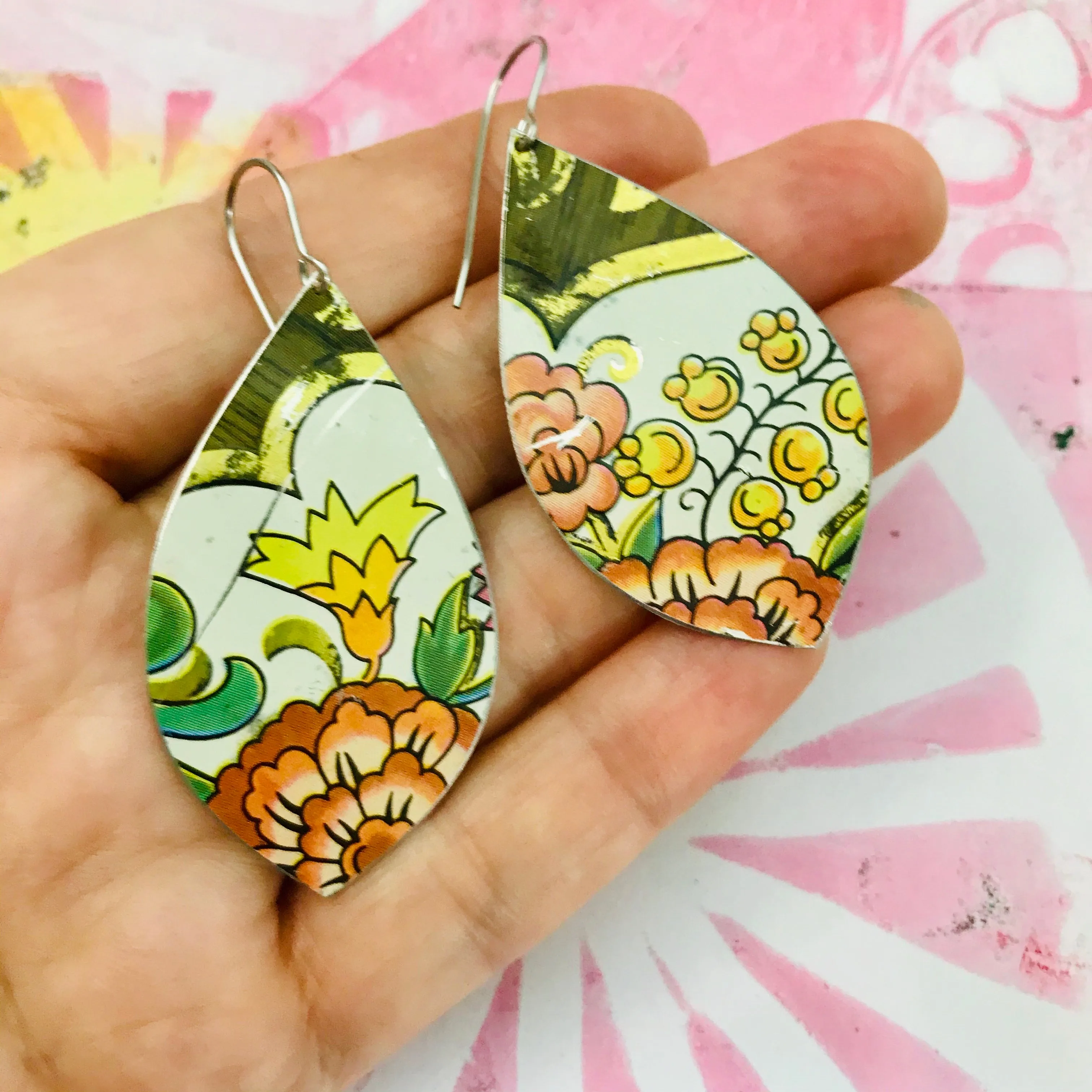 Orange Flowers Upcycled Long Pod Tin Earrings