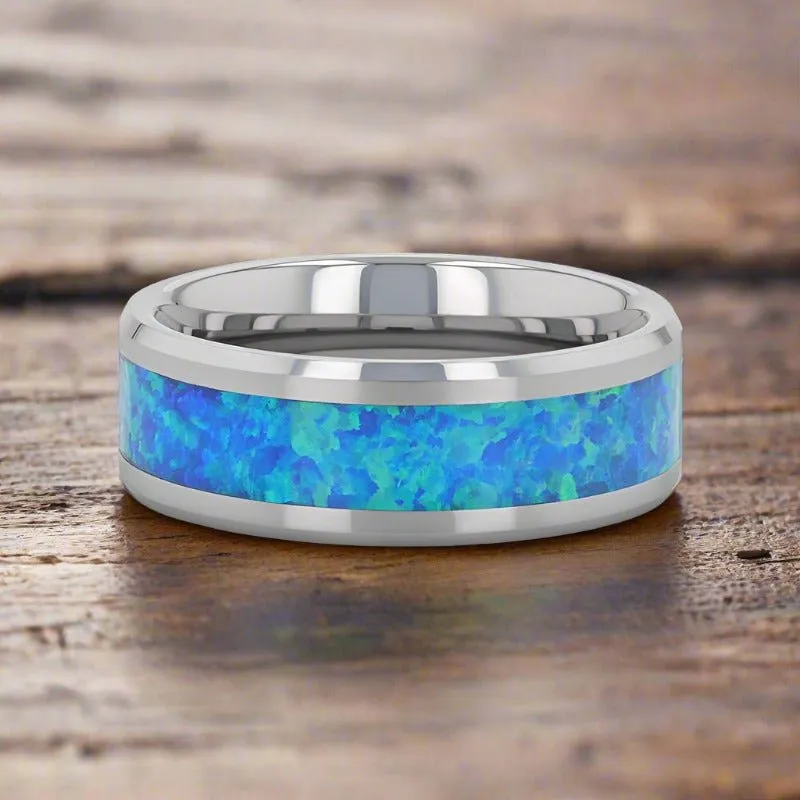 QUASAR | Tungsten Ring Blue Green Opal Inlay